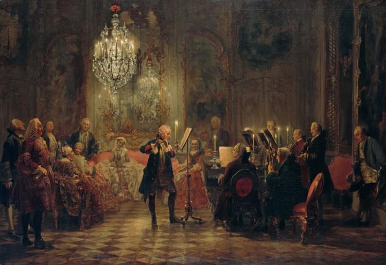 Classical painting: playing a flute in front of sheet music for an audience